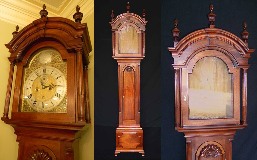 Newport Tall Clock, mahogany. Built for a clock collector who has a passion for period furniture, this piece enjoys pride of place as one of his favorites clocks.