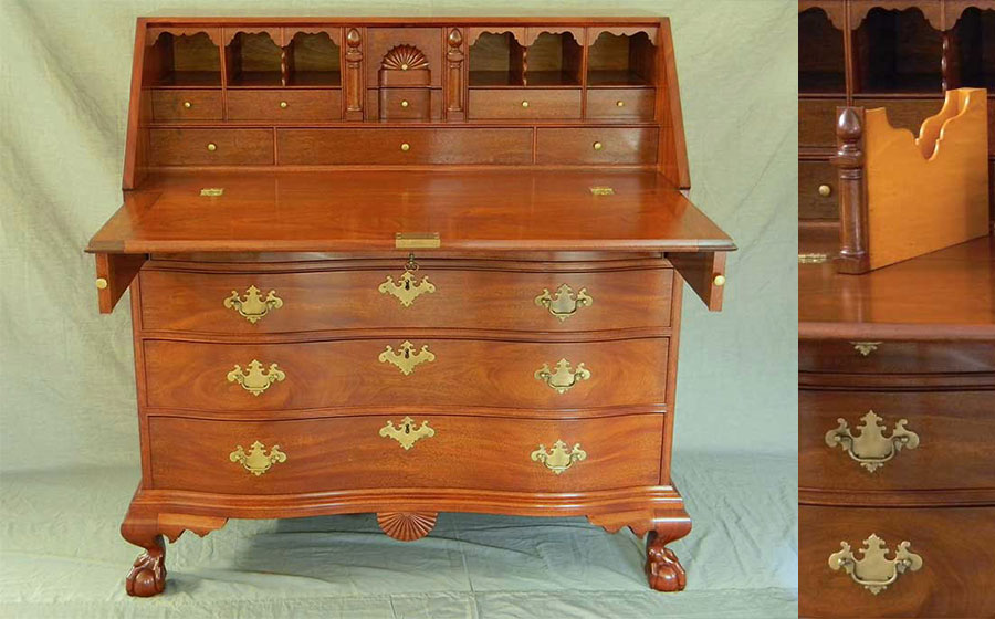 Oxbow Desk, mahogany. The beautiful shaped form of this piece accentuates the grain of the wood.