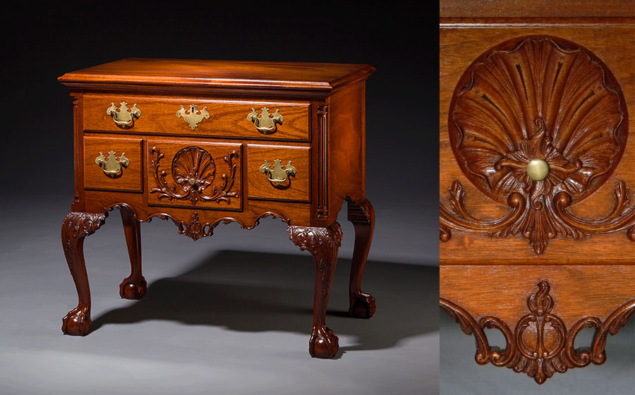 Philadelphia Lowboy, mahogany. Built on spec, the intricately carved apron, knees and drawer front and elegant proportions really make this a stunning piece.