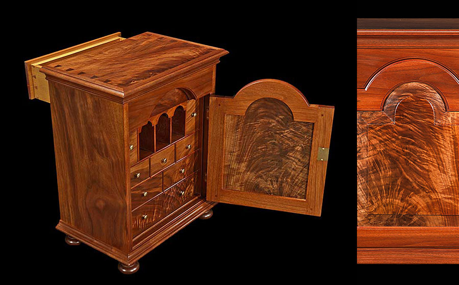 Spice Chest, walnut. This small chest with its many drawers and cubbies is about 20 inches tall and really highlights the incredible piece of walnut crotch on the door.
