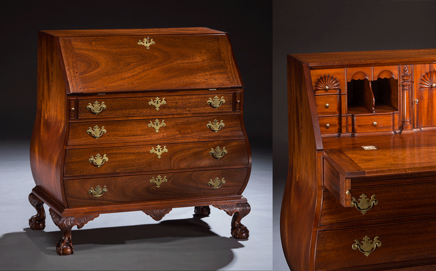 Boston Style Bombe Desk, mahogany. A scaled down version of an important American Chippendale piece, this beautifully proportioned Bombe desk features the Boston style ball and claw foot with the swept back side talons and several hidden compartments in the interior.