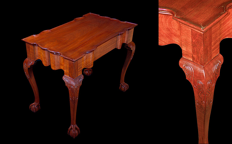 Newport Tea Table, mahogany. This beautifully shaped table is a reproduction of a piece originally built by John Goddard of Newport RI in the mid 1700's. A rare feature is the space above the ball which brings a whole new dimension to the ball and claw foot. This piece won the 'Best in Wood' award at the 2011 League of NH Craftsmen Living with Craft Exhibit.