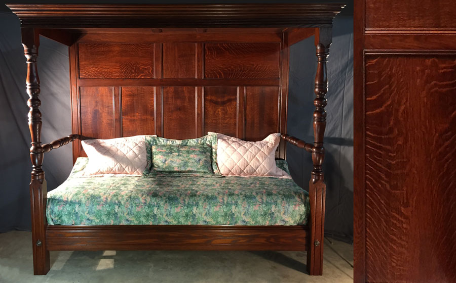 This paneled day bed was one of a pair designed to match a four poster bed belonging to the client in the same style. White Oak has a stunning figure when quarter sawn like these panels.