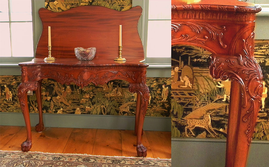 Cadwalader Card Table, mahogany. Intensely detailed, this serpentine shaped table was almost entirely a carving project. Interestingly, the top of this piece was made from a log which had sunk centuries ago while transporting it down river to a sawmill in Belize.