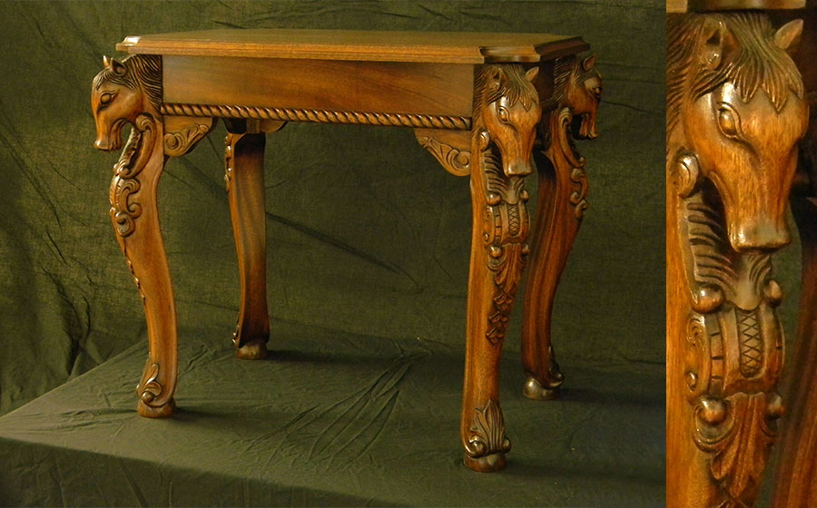 Horse Table, mahogany. Inspired by a South American piece and created for a horse lover and her family, this project included twin side tables (pictured above) and a coffee table.