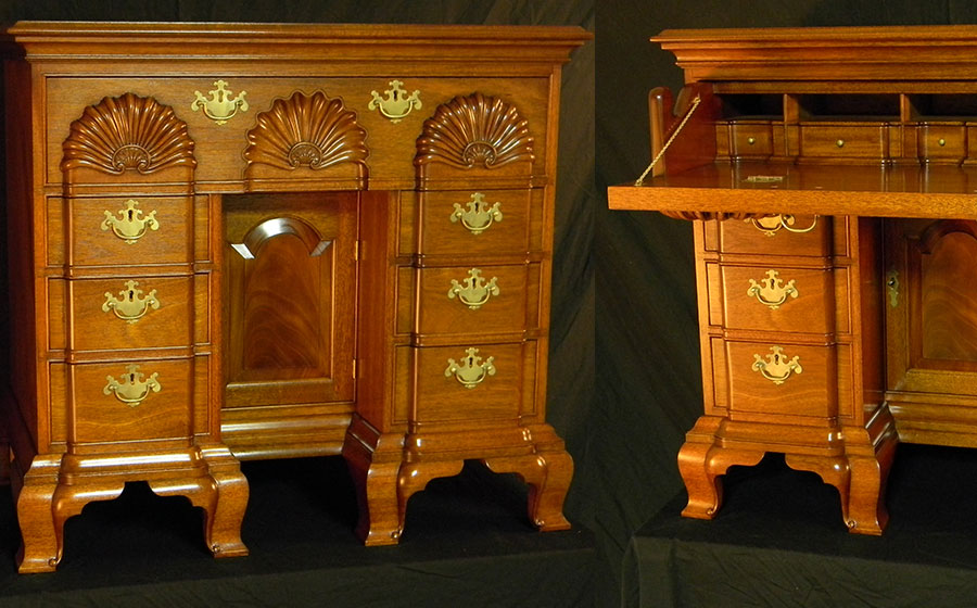 Newport Kneehole Desk, mahogany. One of my favorite pieces, I love the blocked shape flowing into the feet and the tombstone shape of the frame and panel door.