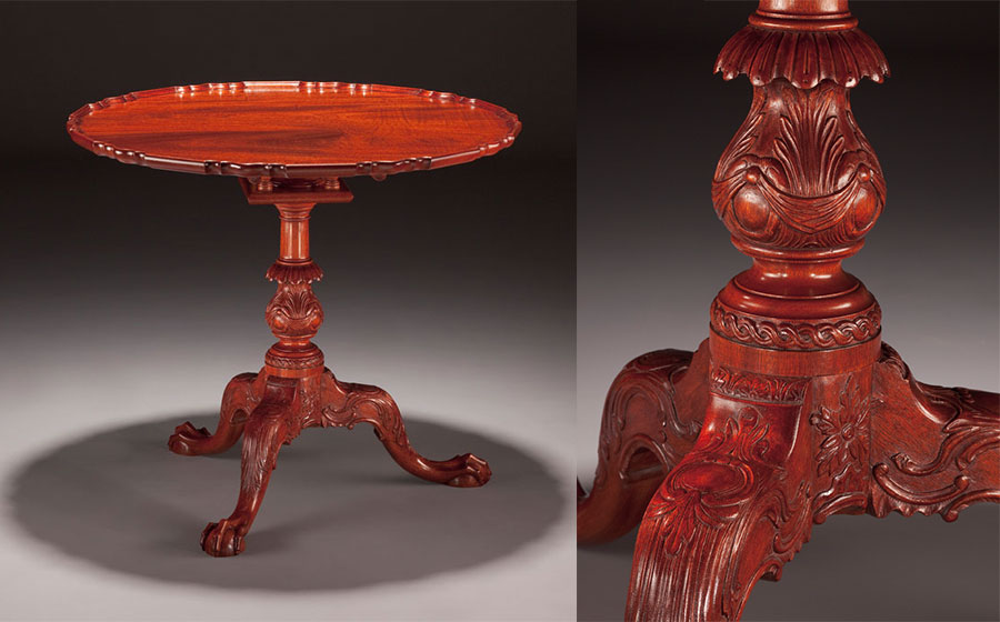 Philadelphia Piecrust Tea Table, mahogany. The top is carved from a 33 inch wide solid piece of mahogany. The pedestal and legs feature exquisite carving detail.  This piece won the 'Best in Traditional Design' award at the 2010 League of NH Craftsmen Living with Craft Exhibit.